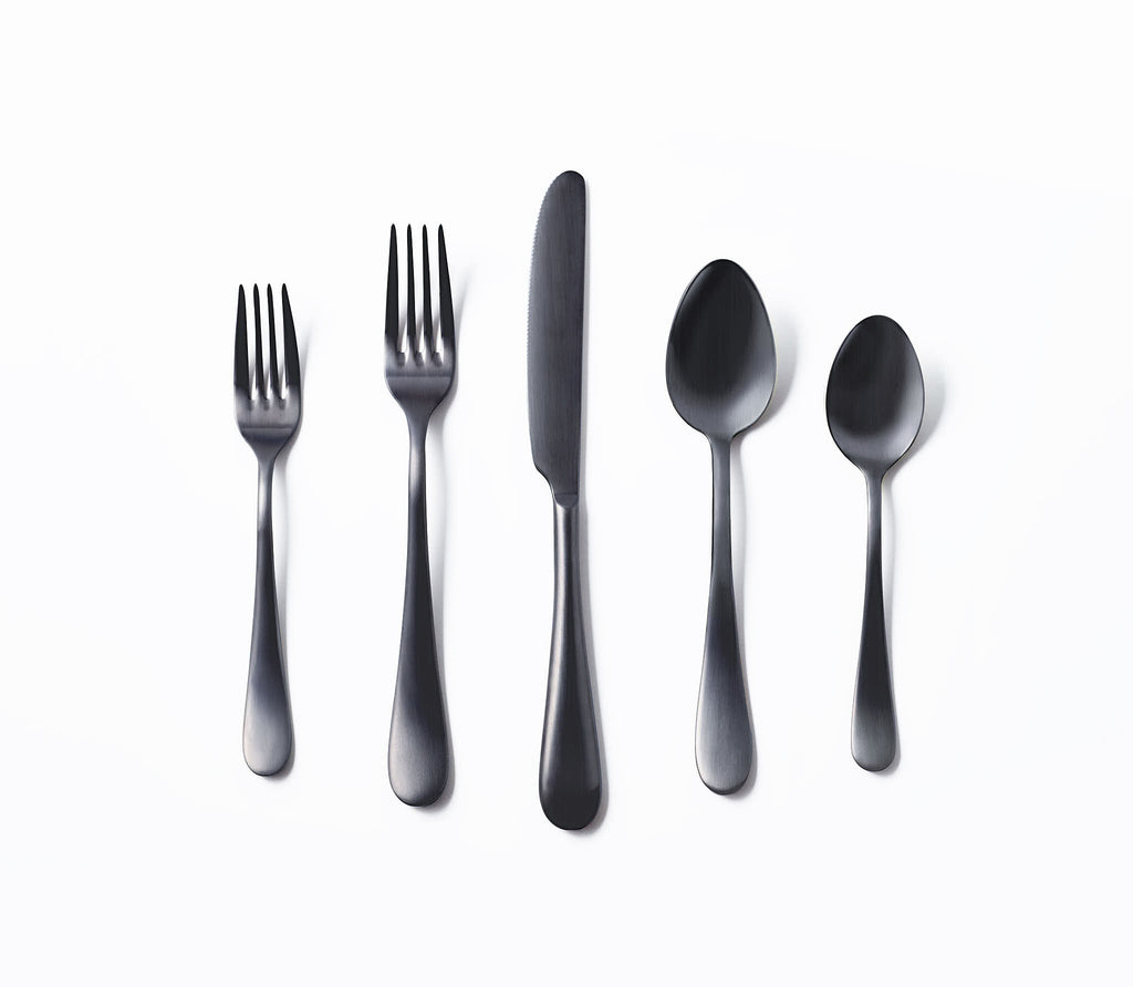 Black Satin Flatware Setting on white background.