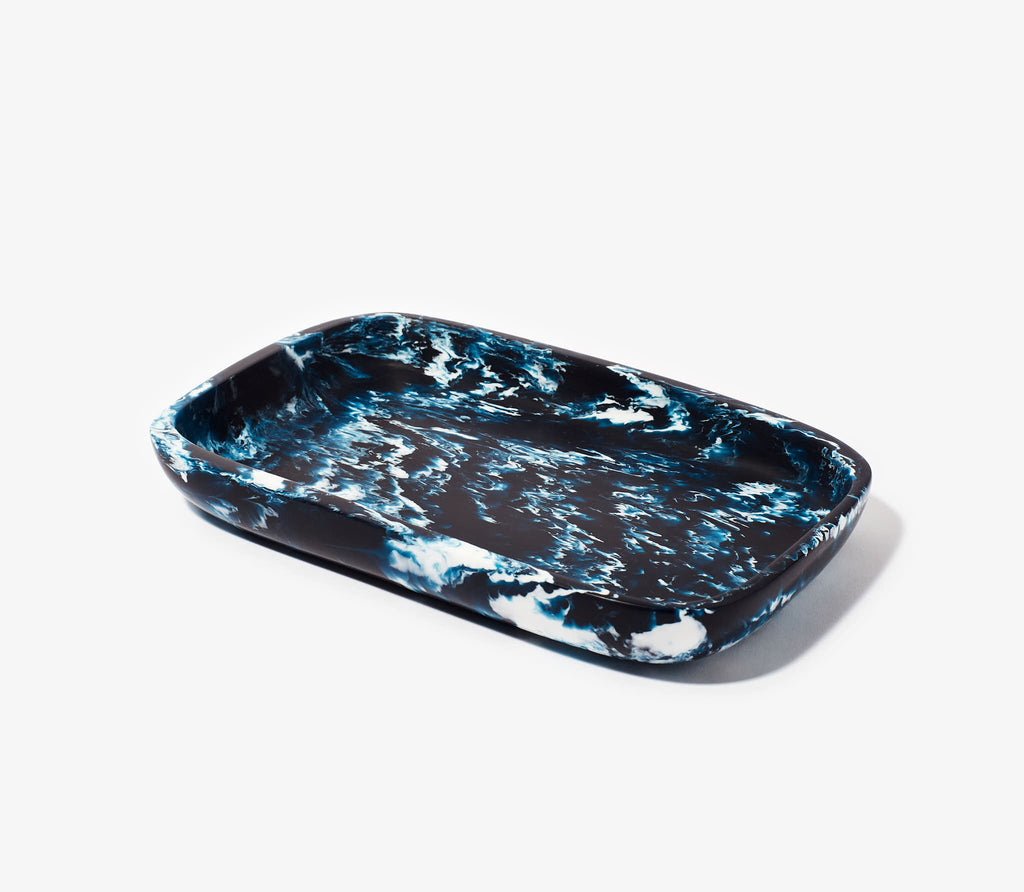 one marble ocean blue colored servingware in a rectangular shaped