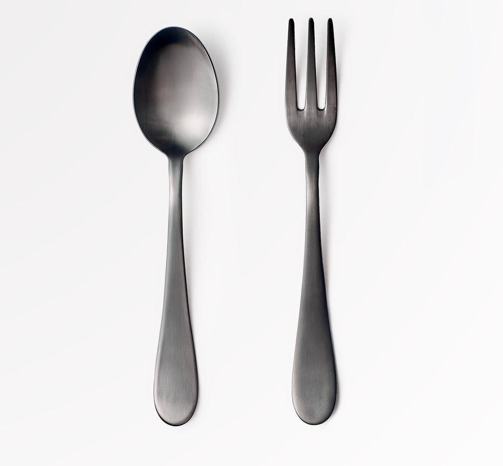 black stainless steel serving spoon and fork